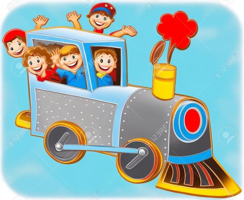 卡通火車騎行顏色：孩子們從火車揮手致意。