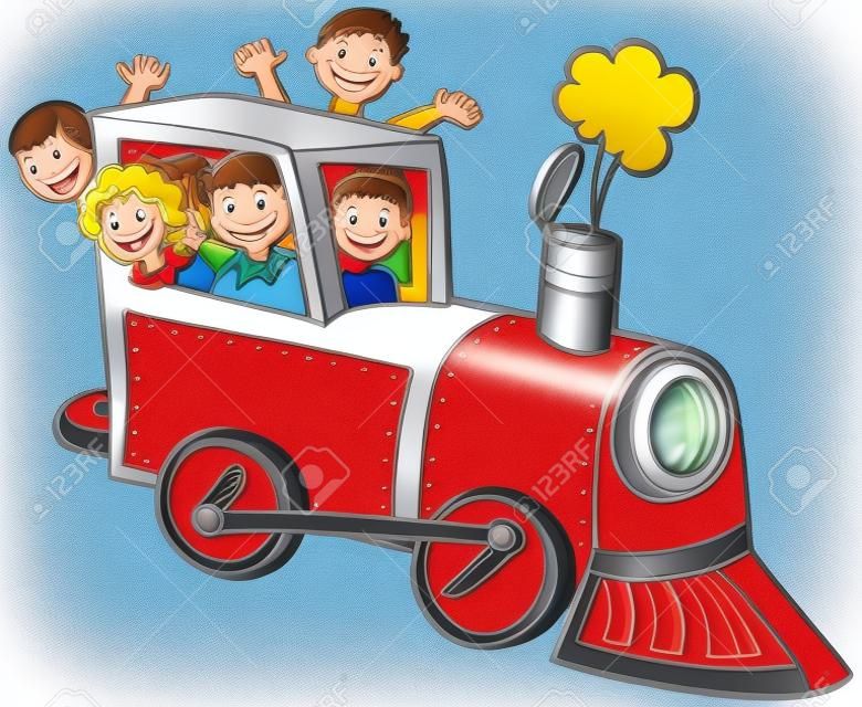 Cartoon Train Ride Color : Kids wave from a train.