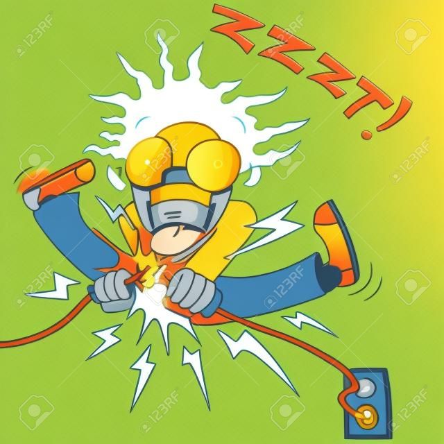 Uma imagem de um homem tentando consertar um fio elétrico e ficar chocado.