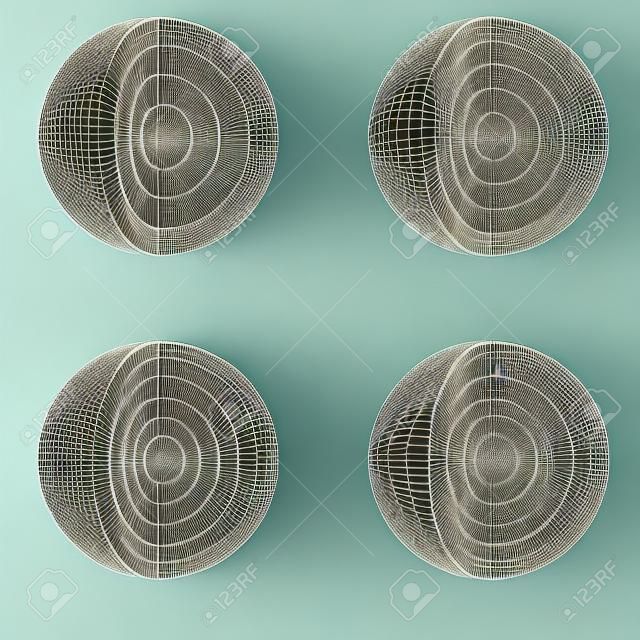Een afbeelding van een set van 3D gelaagde kernboldiagrammen.