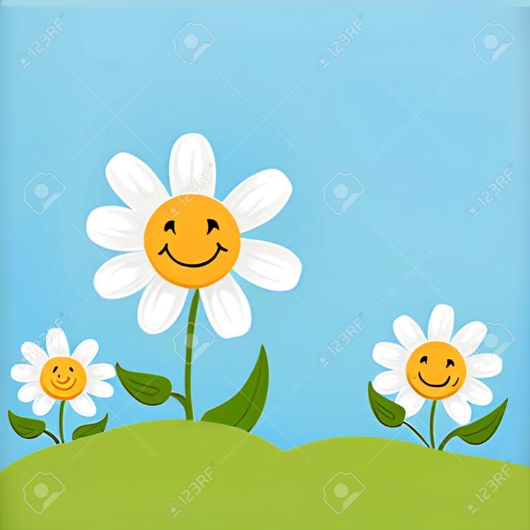 An image of cartoon smiling daisy flowers.