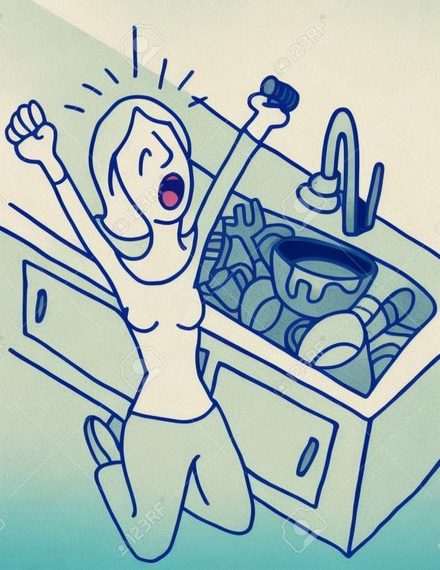 Een beeld van een schreeuwende vrouw die afwas doet.