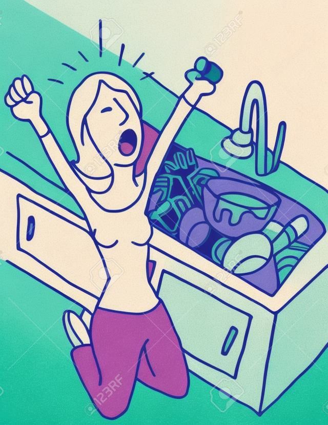 Een beeld van een schreeuwende vrouw die afwas doet.