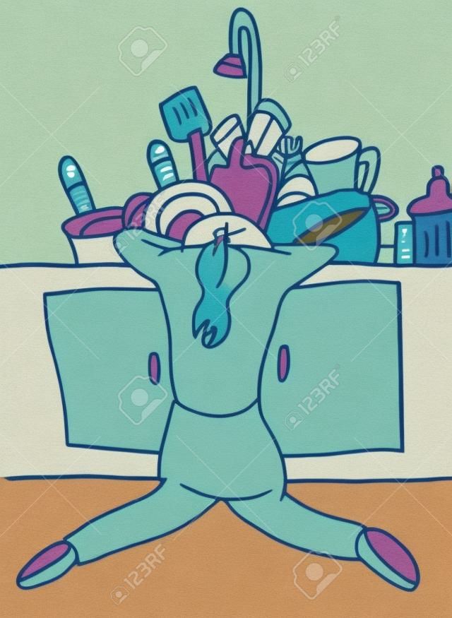 An image of a tired woman doing dishes.