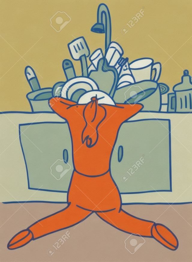 An image of a tired woman doing dishes.