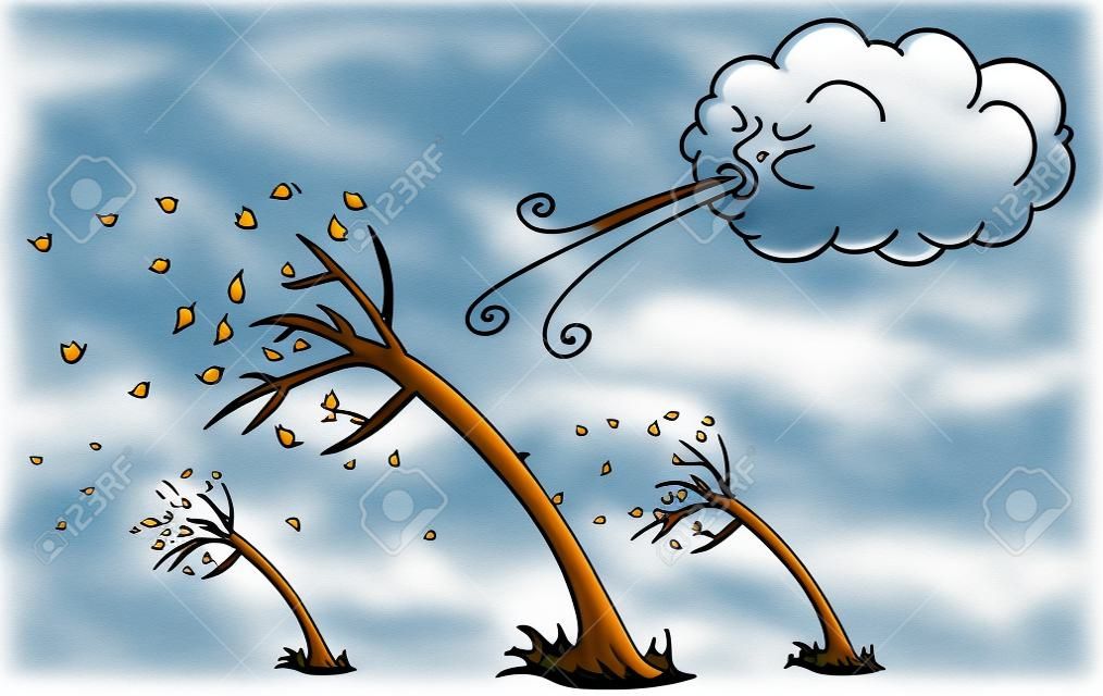 Une image d'une journée venteuse, d'arbres et de nuages, caricature de vent soufflant.