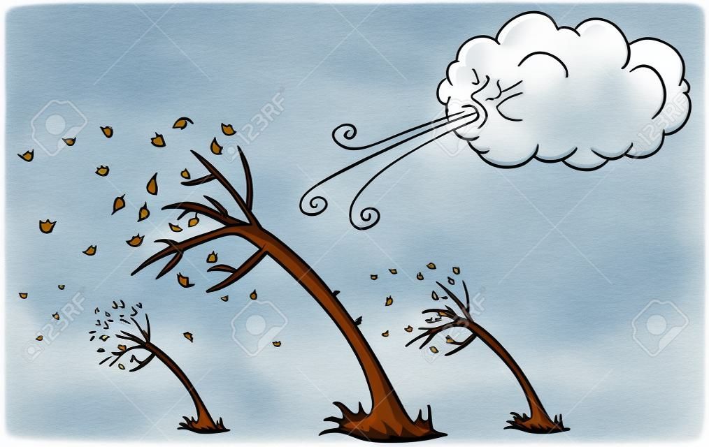 Une image d'une journée venteuse, d'arbres et de nuages, caricature de vent soufflant.