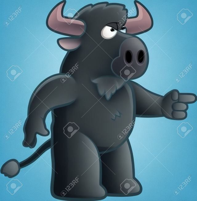 Een cartoon buffel met een boze uitdrukking.