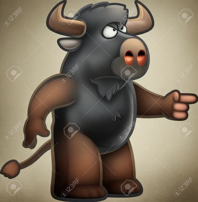 Een cartoon buffel met een boze uitdrukking.