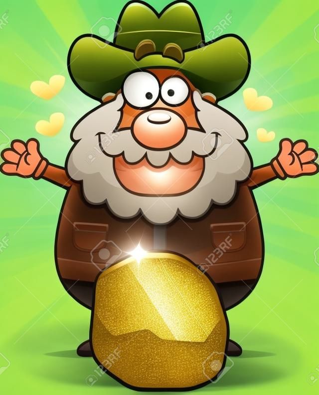 Een vrolijke cartoon goudzoeker met een goudklompje.