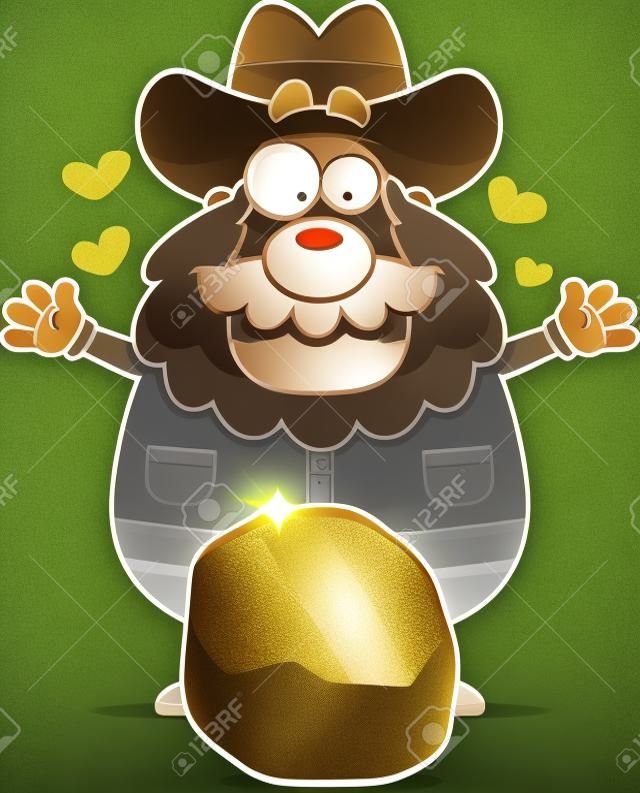 Un cercatore cartone animato felice con una pepita d'oro.