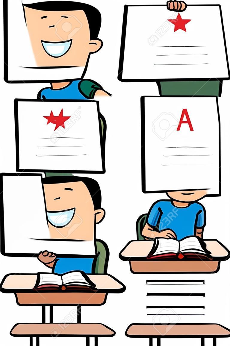 A cartoon illustration of a boy with good grades.