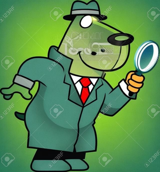 A cartoon illustration of a dog detective with a magnifying glass.