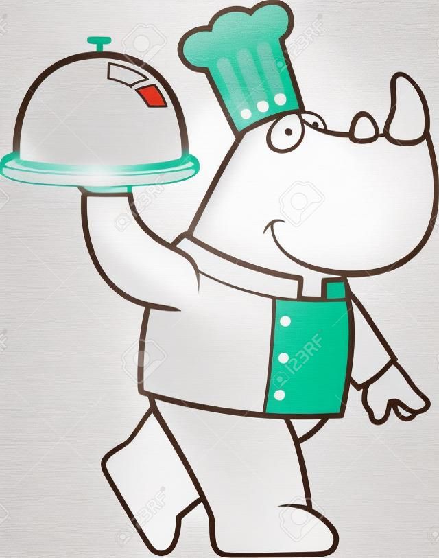 Un heureux rhinocéros de bande dessinée le chef portant un plateau de service.