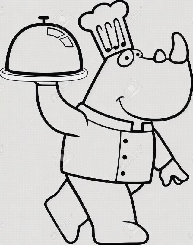 Un heureux rhinocéros de bande dessinée le chef portant un plateau de service.
