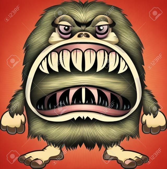 Een cartoon illustratie van een behaard monster met een grote mond vol scherpe tanden.