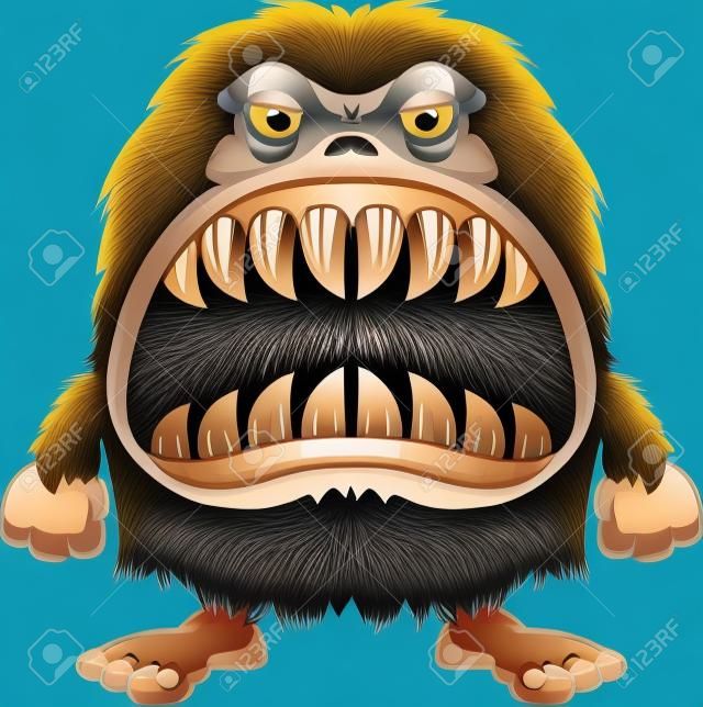 毛茸茸的怪物的卡通插圖大嘴巴充滿尖利的牙齒。