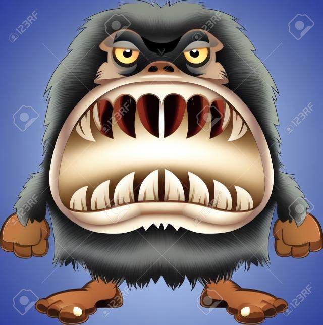 Una ilustración de dibujos animados de un monstruo peludo con una gran boca llena de dientes afilados.