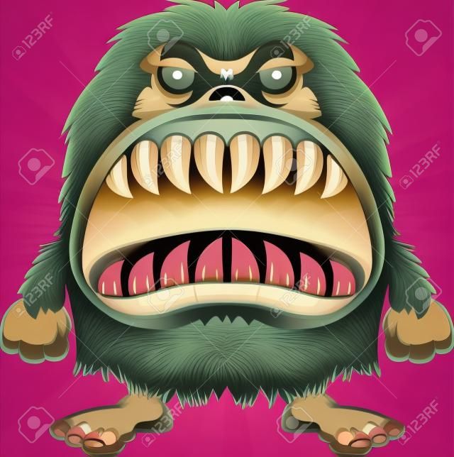 Une illustration de bande dessinée d'un monstre poilu avec une grande bouche pleine de dents acérées.