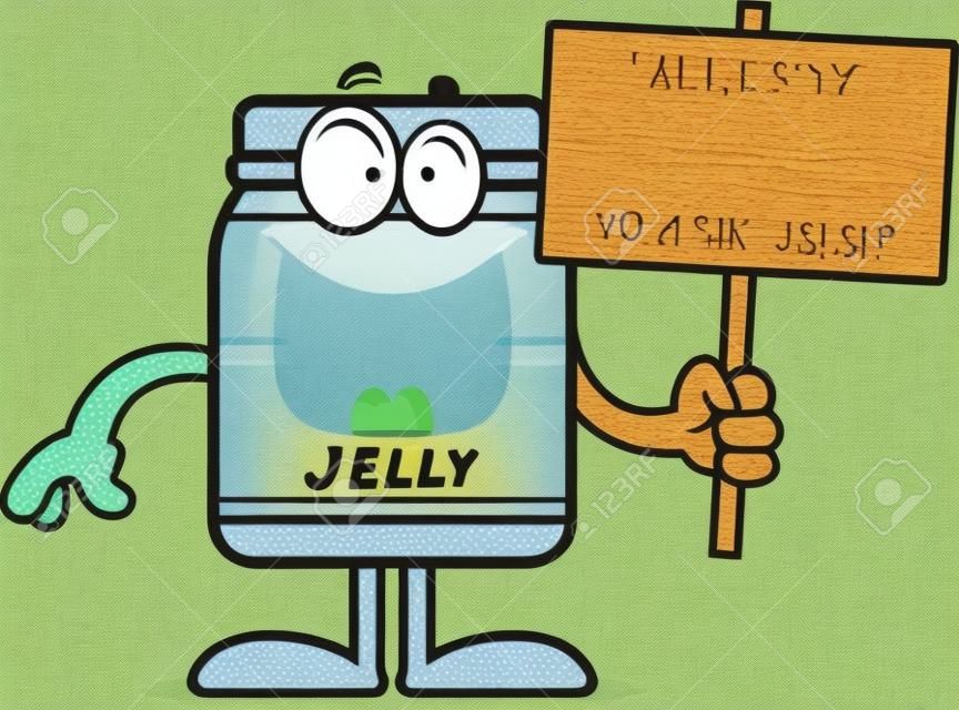 A cartoon illustration of a jelly jar holding a sign.