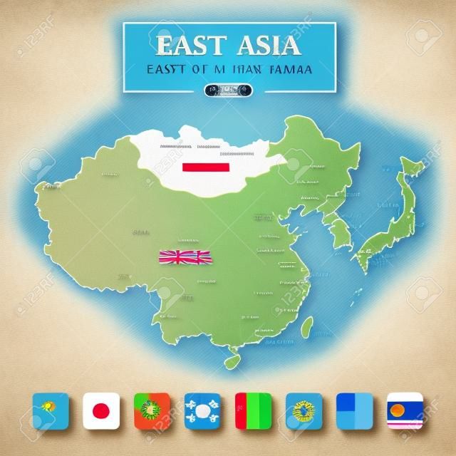 Carte de l'Asie de l'Est Full Color High Detail Séparé dans tous les pays Illustration Vecteur