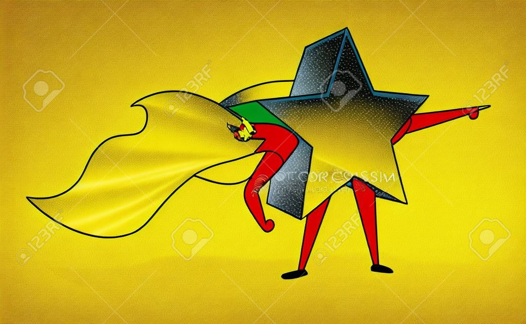 Cartoon illustratie van glanzende gouden ster super held redden van de dag