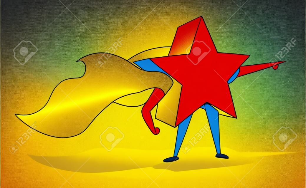 Cartoon illustration of shiny gold star super hero saving the day