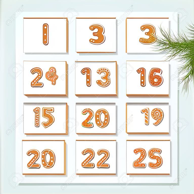 Kerstmis advent kalender, versierd wirh peperkoek cookies. Vector