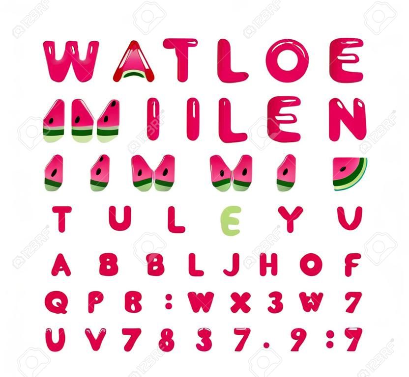 Watermelon summer bright font. Cartoon decorative alphabet. Glossy letters and numbers isolated on white. For package, poster, banner, T-shirt, brochure design. Vector