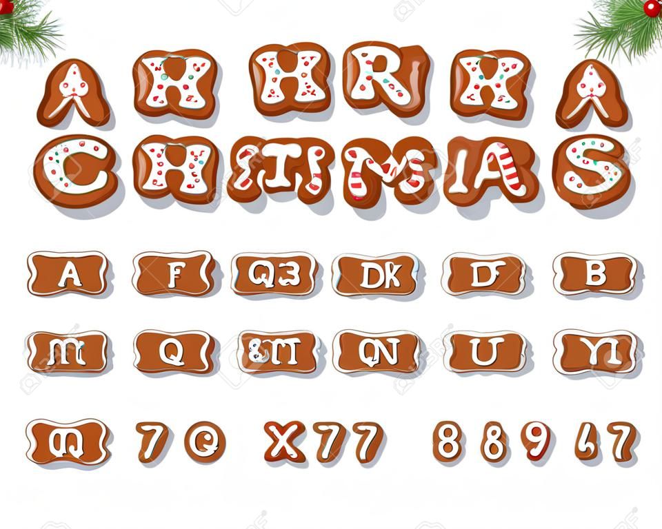 Carattere del biscotto di pan di zenzero di Natale. Alfabeto decorativo tradizionale bisquit. Lettere, numeri e simboli colorati del fumetto disegnato a mano per il design delle vacanze. Vettore