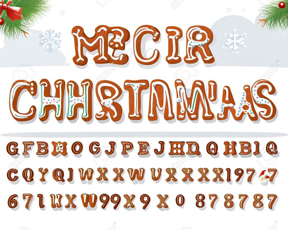 Świąteczna czcionka z piernika. biskwitowy tradycyjny alfabet ozdobny. ręcznie rysowane kreskówka kolorowe litery, cyfry i symbole na wakacje. wektor