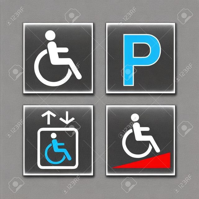 Disability accessibility icon set. Disabled parking, ramp and elevator blue square signs.
