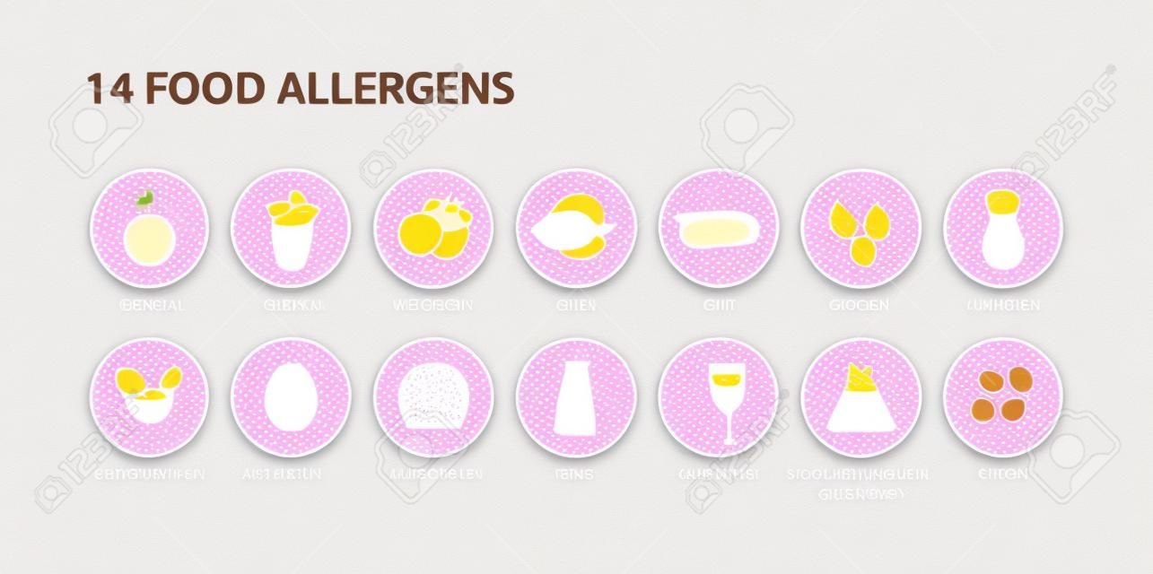 14가지 식품 알레르겐 메뉴 목록 원 아이콘 세트입니다. 분홍색 동그라미에 음식 알레르겐 흰색 아이콘입니다. 글루텐, 계란, 우유, 견과류 알레르기 벡터 아이콘.