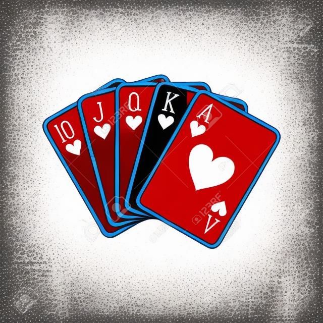 Royal flush van harten, speelkaarten dek kleurrijke illustratie. Poker kaarten, jack, koningin, koning en aas vector.