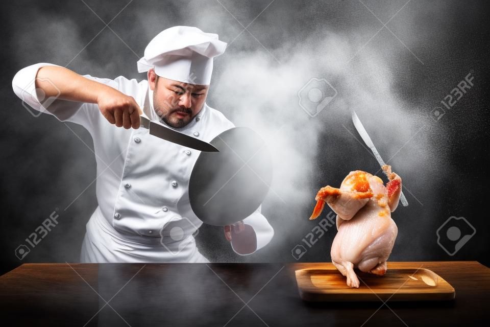 Chef fighting with knife and pan  Raw chicken attack
