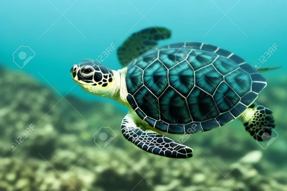 Lindo bebé en peligro de extinción tortuga nadando en aguas cristalinas