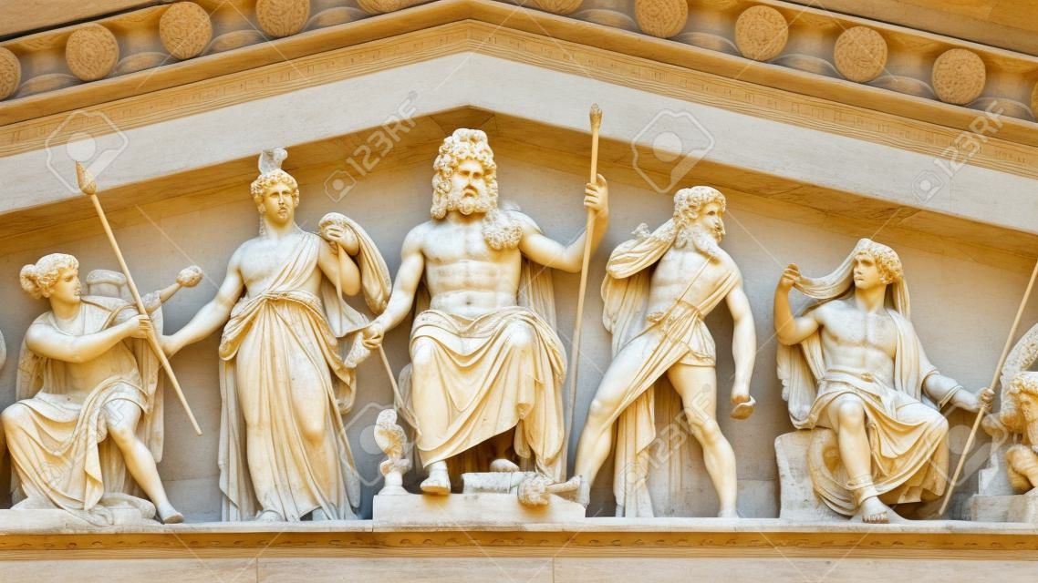 Statues of ancient Greek gods at Academy Of Athens, Greece's national academy, and the highest research establishment in the country. Athens, Greece
