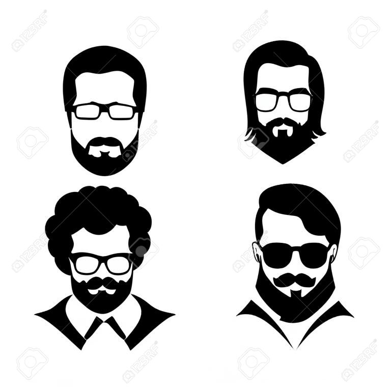 Sylwetki mężczyzn z brodą i okularami. Stylowe Avatary ludzie bez twarzy.