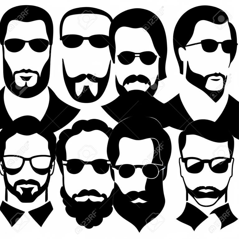 Sylwetki mężczyzn z brodą i okularami. Stylowe Avatary ludzie bez twarzy.