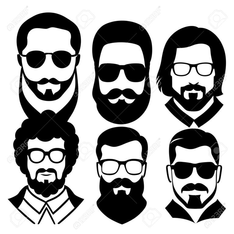 Siluetas de hombres con barba y gafas. avatares elegantes hombres sin rostros.