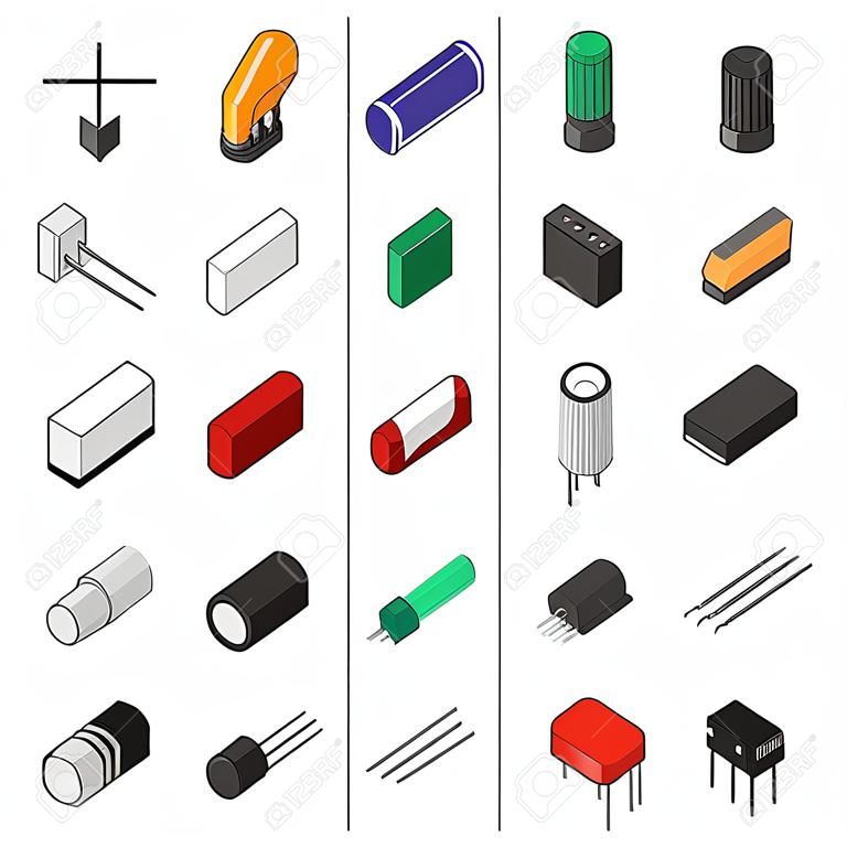 Vector set of izometric electronic components. Capacitors, diode