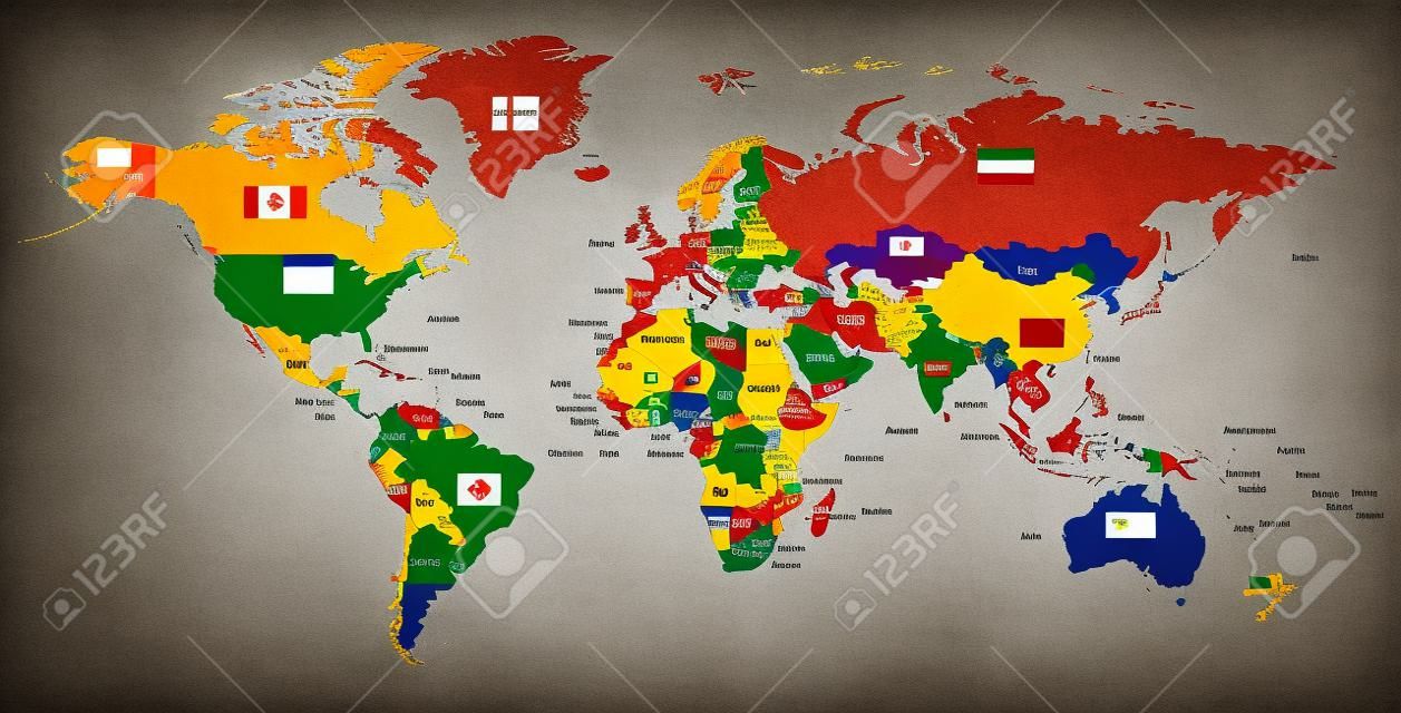 국가 및 국기의 이름이 있는 색상 세계 지도. 정치지도. 모든 국가는 고립되어 있습니다.