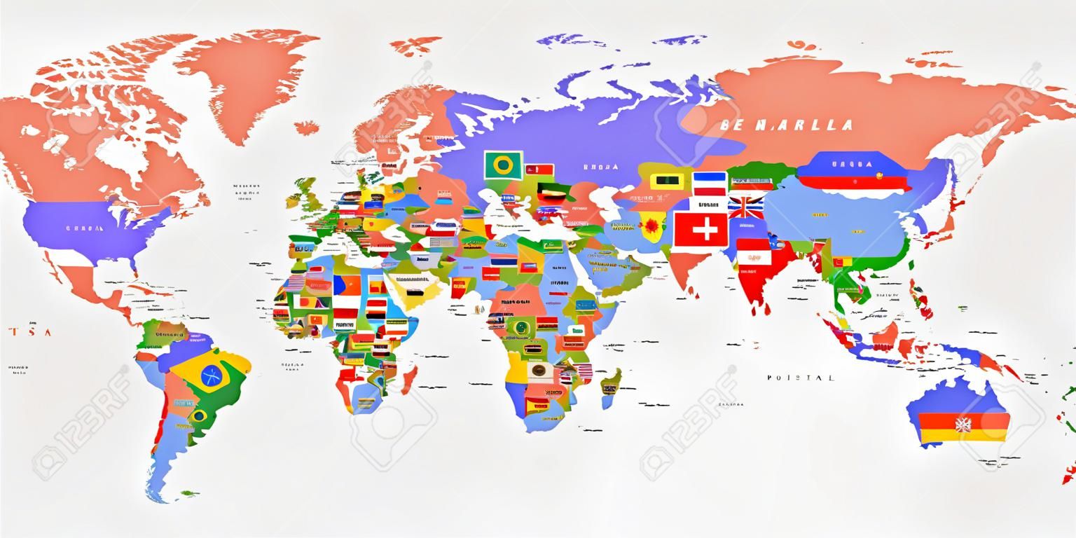 Mapa do mundo da cor com os nomes dos países e bandeiras nacionais. Mapa político. Cada país é isolado.