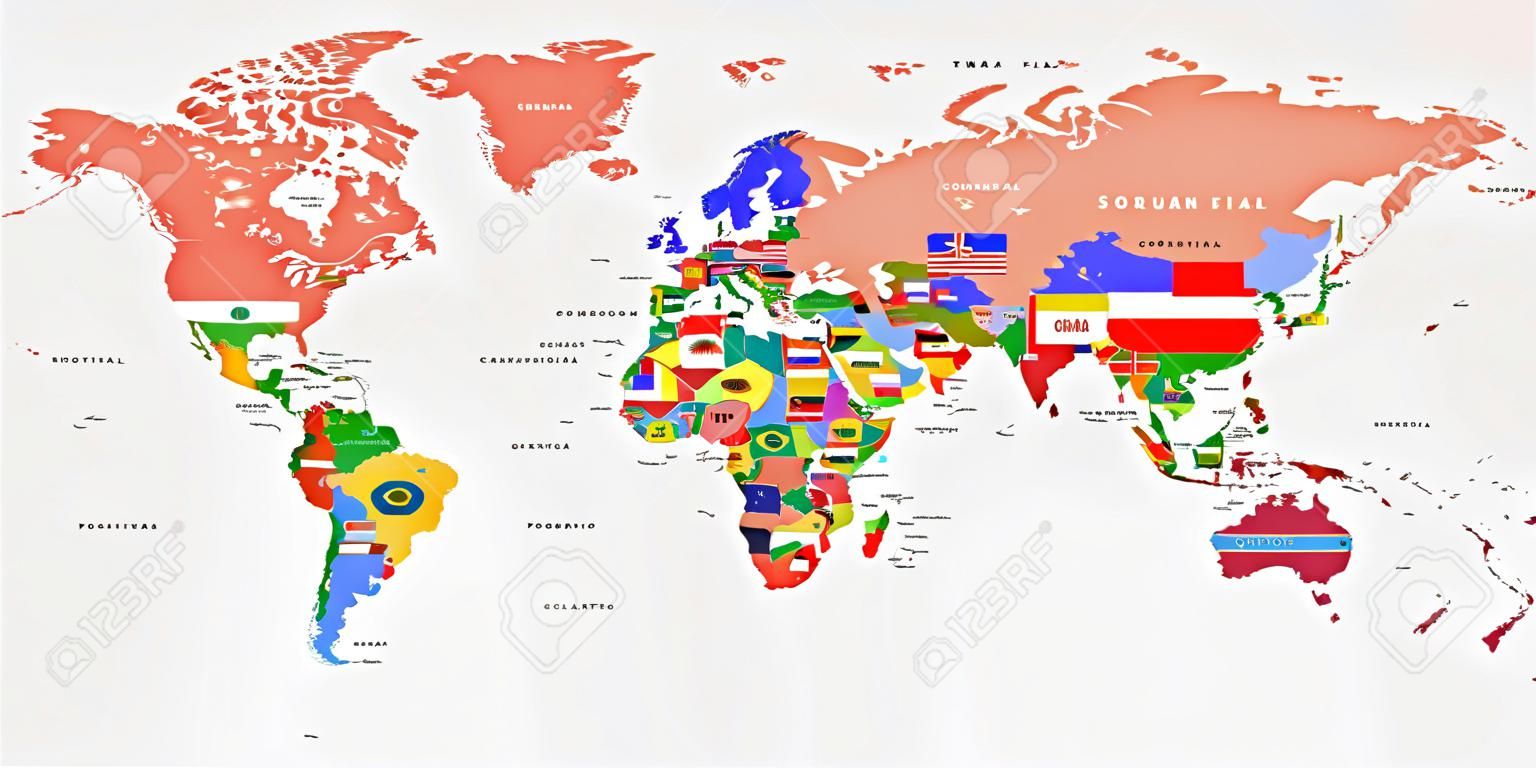 Mapa do mundo da cor com os nomes dos países e bandeiras nacionais. Mapa político. Cada país é isolado.