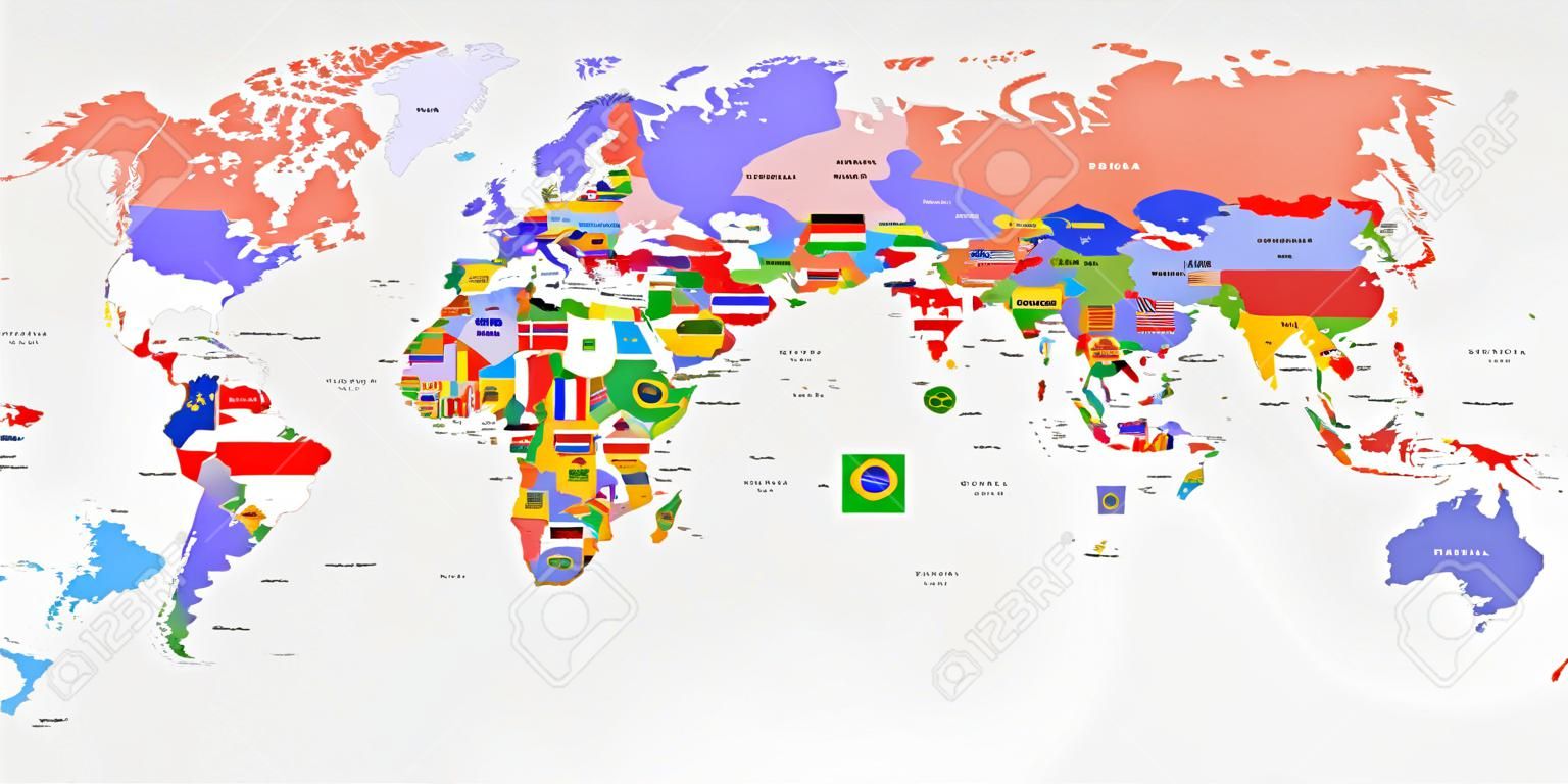 Mapa del mundo de color con los nombres de países y banderas nacionales. Mapa político. Todos los países están aislados.