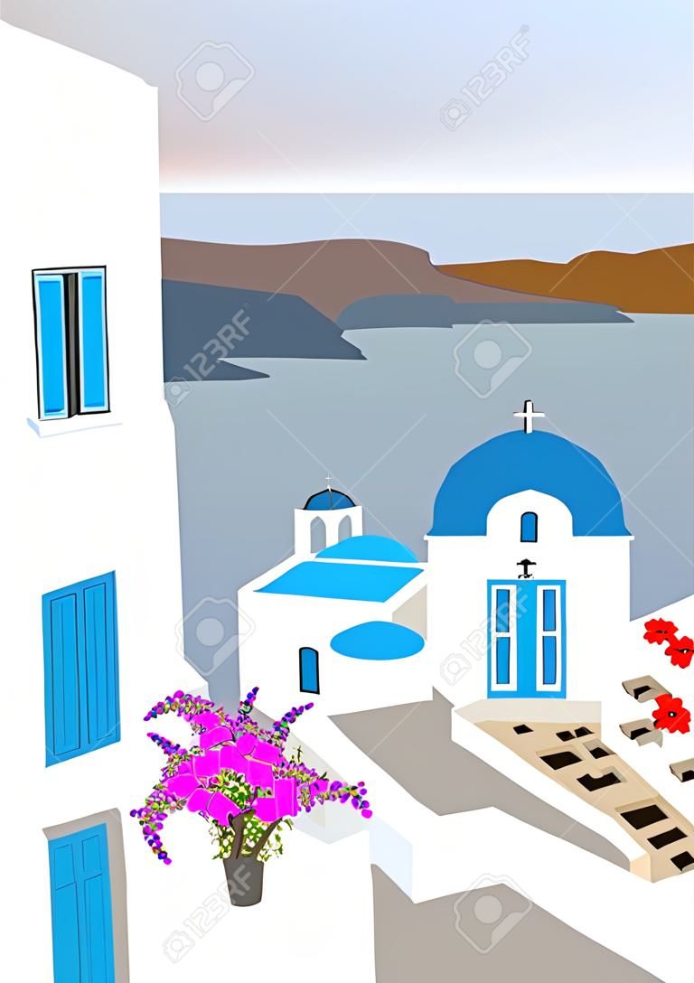 Un Villaggio nelle isole greche al tramonto, con fiori Chiesa e campanili e vista mare