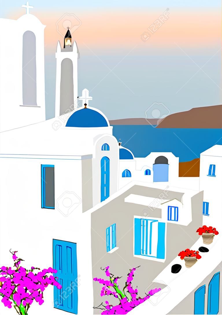 Un Villaggio nelle isole greche al tramonto, con fiori Chiesa e campanili e vista mare