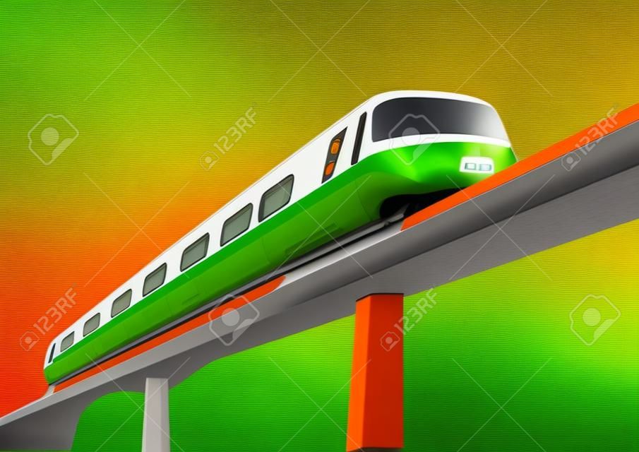 Um trem monotrilho verde e laranja em uma ponte