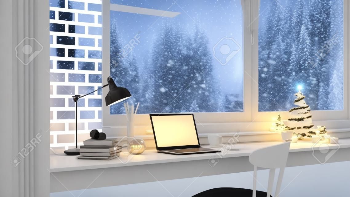 Wygodna przestrzeń do pracy w domu z makietą białego ekranu laptopa, lampką stołową choinką, lampkami choinkowymi, świecami i innymi rzeczami na stole przy oknie z widokiem na śnieg. renderowanie 3D, ilustracja 3D