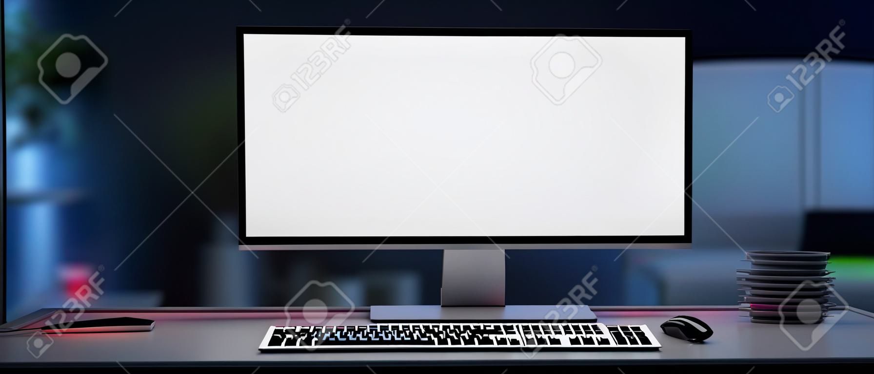 A modern home office with a white-screen computer mockup and accessories on a table in a modern dark living room with neon lights. 3d render, 3d illustration